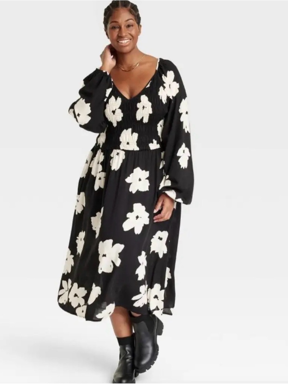 AVA & VIV Black Ivory Floral Maxi Dress Plus Size X Balloon Sleeve Smocked
